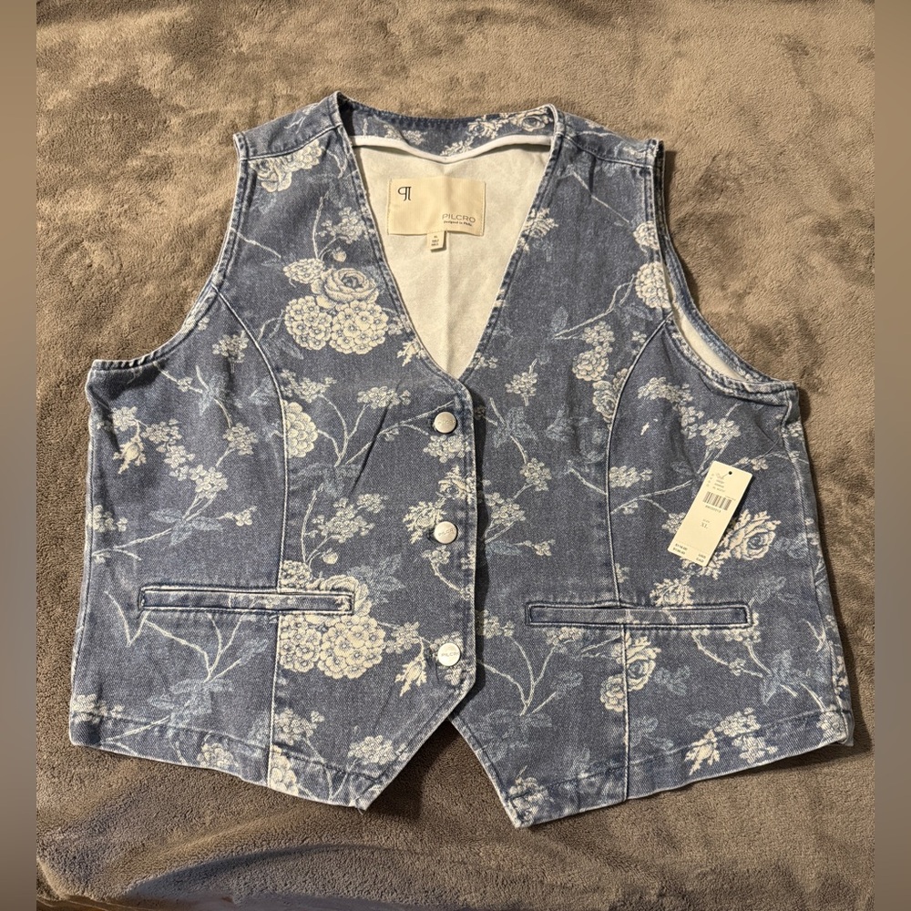 ✨ Anthropologie Floral Denim Vest Sz XL - Picture 6 of 8